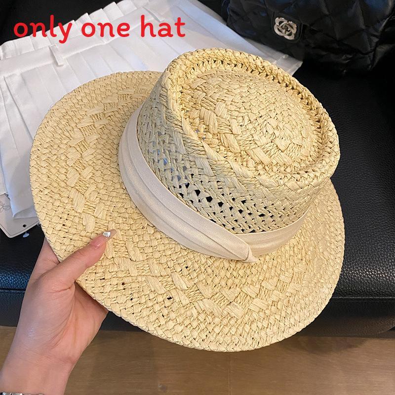 

Summer Flat Top Wide Brim Straw Hat For Women Sun Protection Beach Accessory OffWhite