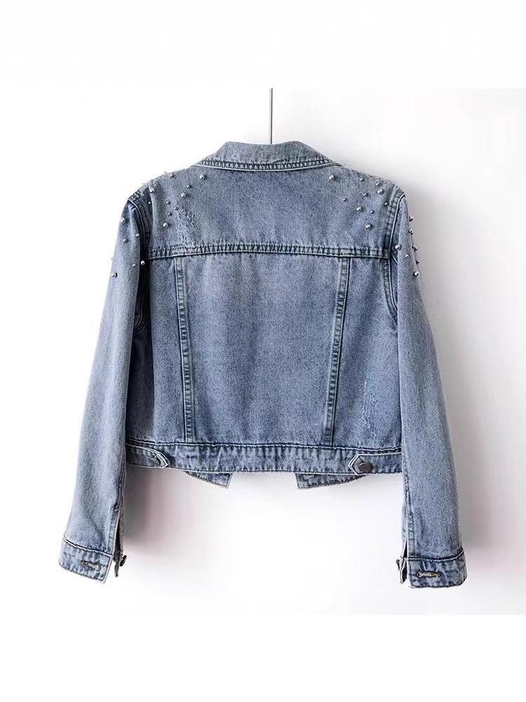 European-Style Beaded Rhinestone Denim Jacket for Women, Spring/Autumn 2025, High-End Cropped Design