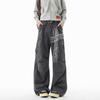 JYL Unisex Cargo Pants American Cross Print Autumn Washed Multi-Pocket Casual Denim