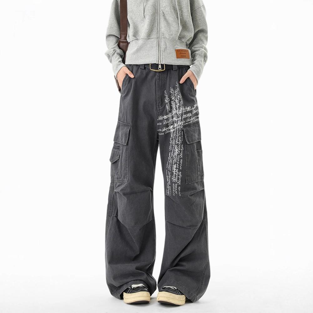JYL Unisex Cargo Pants American Cross Print Autumn Washed Multi-Pocket Casual Denim