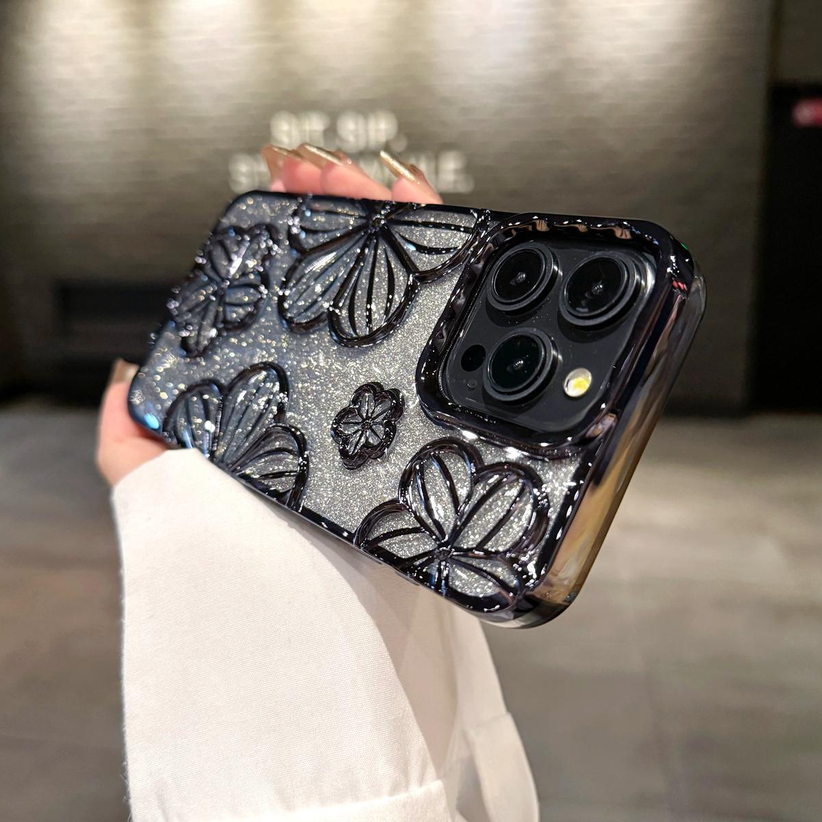 

Роскошный чехол для телефона с блестящим порошком и 3D-покрытием «Цветы» для iPhone 11 12 13 14 15 Pro Max 11 Pro Max 12 Pro Max 13 Pro 14 Pro, женская модная мягкая обложка iPhone 15 Pro Max чёрный