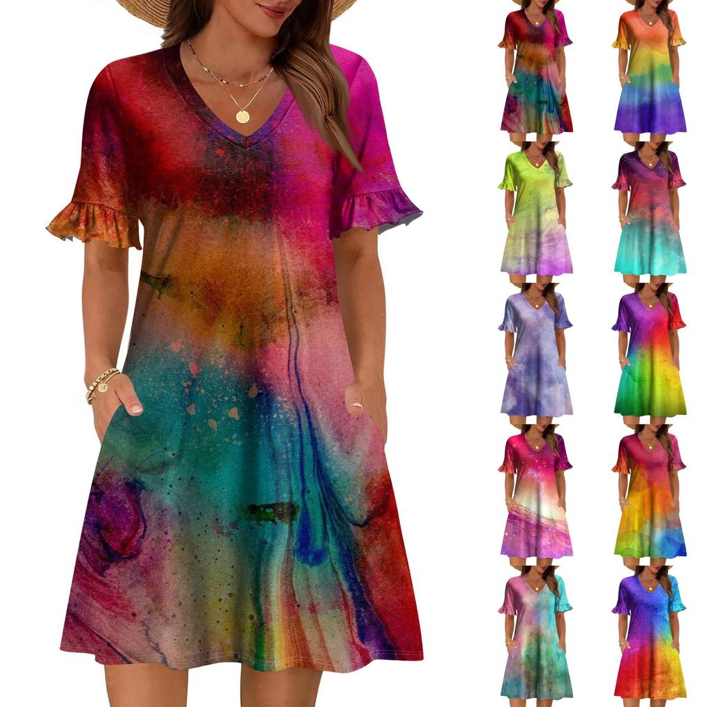 Damen A-Linie Sommerkleid Kurzarm V-Ausschnitt Bedrucktes Kleid Mit Taschen