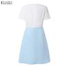 ZANZEA Womens Casual Round Neck Pleated Hem Patchwork Commute Short Sleeve Dress