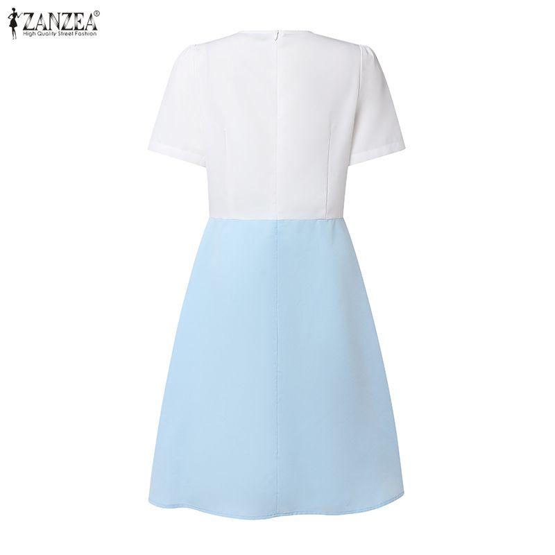 ZANZEA Womens Casual Round Neck Pleated Hem Patchwork Commute Short Sleeve Dress