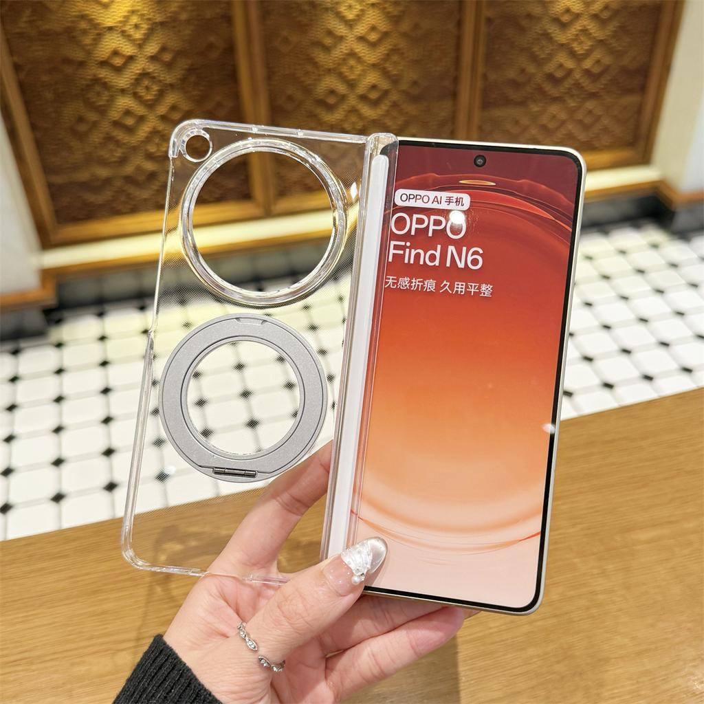 For Oppo Find N6 Case Hard PC Transparent Middle Hinge Rotating Ring Stand Magnetic Protective Back Cover For Find N6 Shell