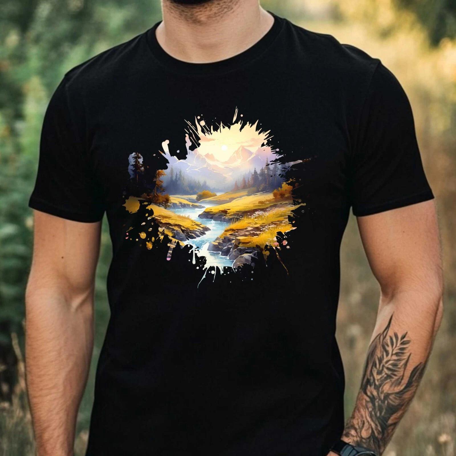 T-Shirt Herren Aquarell Berglandschaft Motiv Baumwolle Größe XS bis 5XL XXL
