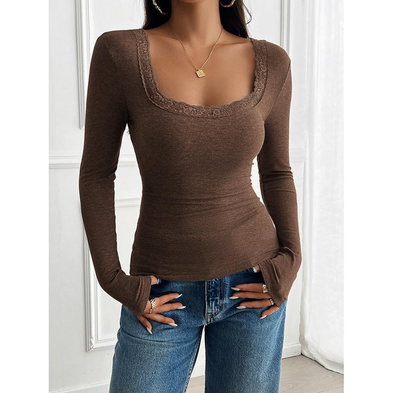Spring/Summer Solid Color Top for Women Casual Slim Fit Ribbed U-Neck Lace Long-Sleeve T-Shirt