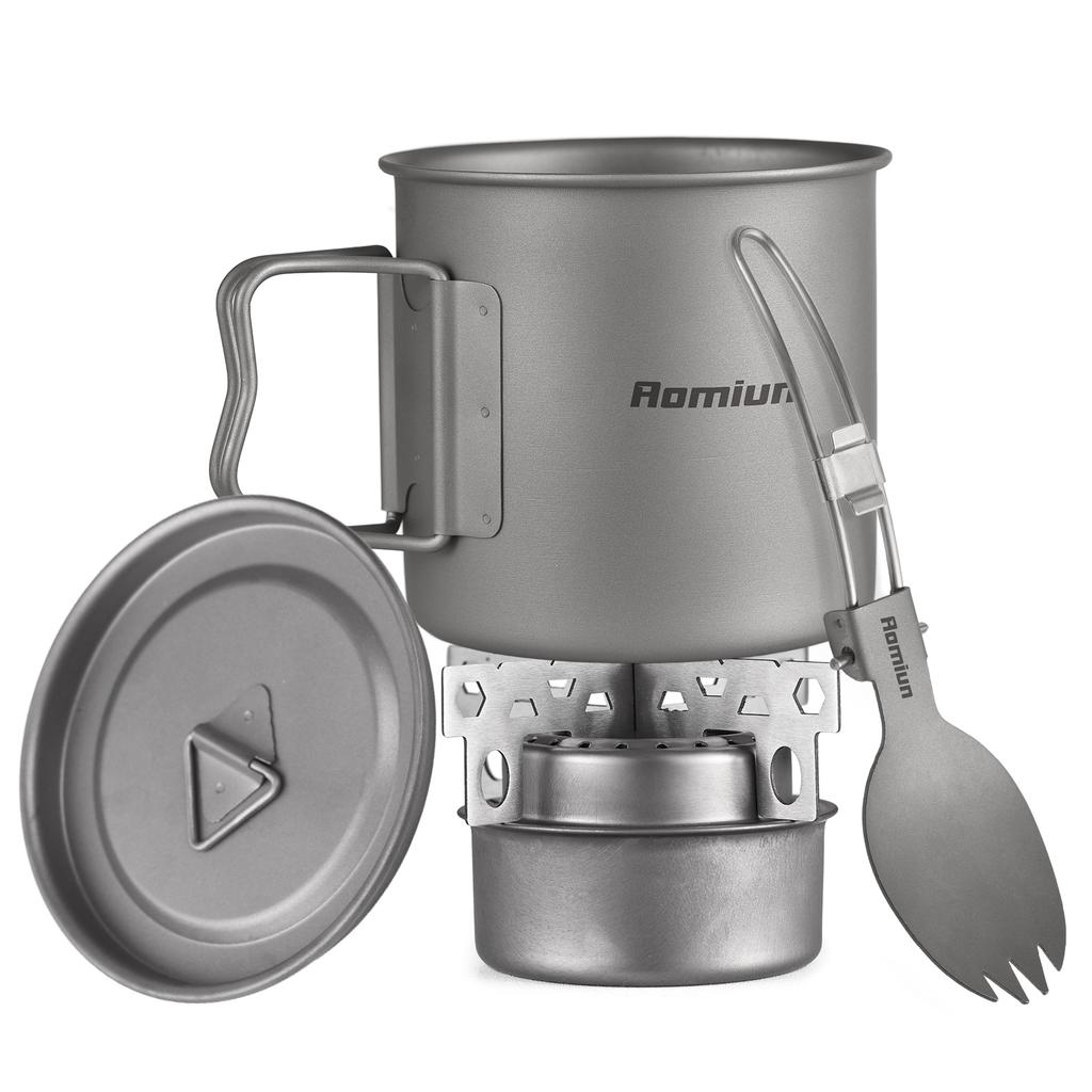 Kempingová sada na vaření Ti 500ml Hrnek Vidlička Lžíce Alkoholový vařič Křížová podpěra Přenosné kempingové sady na vaření pro 1 osobu