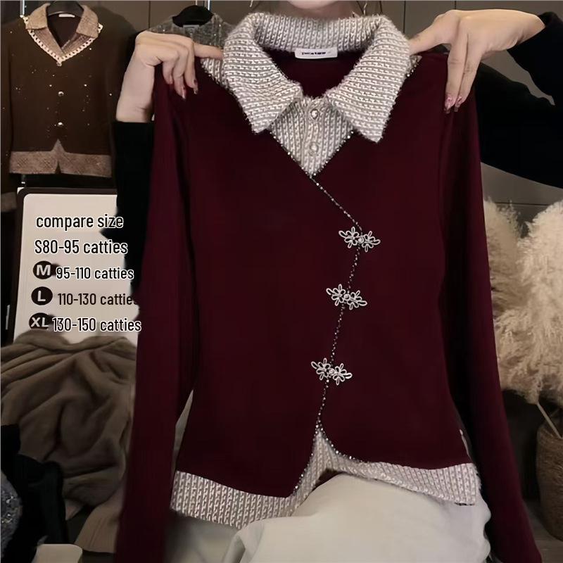 

Red Slimming Lapel Two-in-One Long-Sleeve T-Shirt - Spring 2026 Collection XL (60-70kg)