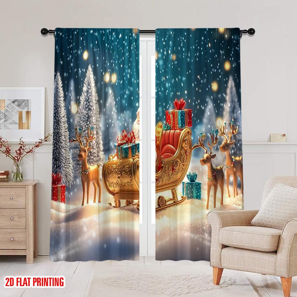 2pcs 2D flat printing Christmas Party Curtain Santa Claus reindeer sleigh with Versatile Polyester Fabric Without Electricity
