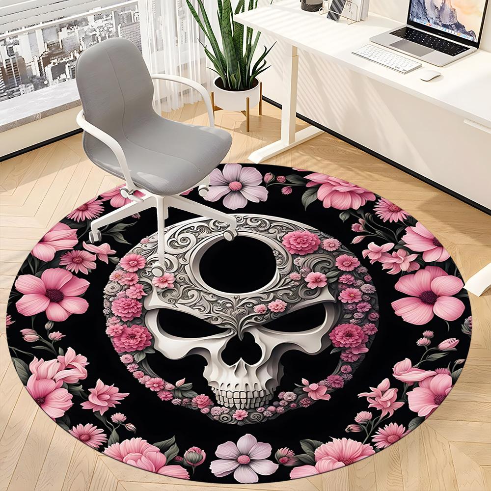 1pc Skull Flowers Office Round Area Rug, Indoor Mat Suitable For Office, Under Office Chairs Bedroom Living Room Home Decor, Room Deco