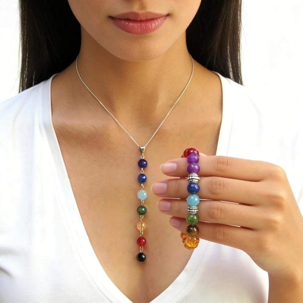 Women's 7 Chakra Gemstone Bead Jewelry Set, Yoga Balancing Necklace and Bracelet, Reiki Healing Crystal, Solid Design