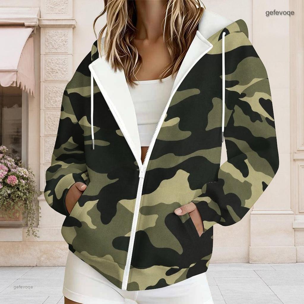 Damen Plus Size Camouflage Print Reißverschluss Langarm Kapuzenpullover mit Kordelzug und Taschen