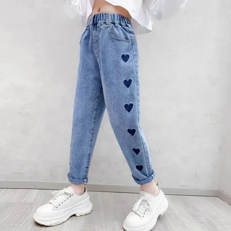 Kids Girl Jeans Floral Cartoon Long Pants Spring Autumn Graffiti Painting Print Casual Trousers with Hole Children Denim Pants