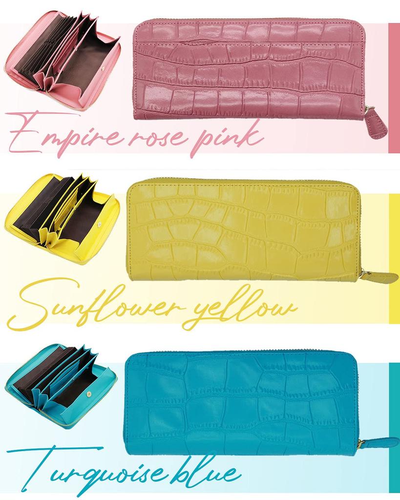 L'Dike Women's Long Wallet, Large Capacity, Popular, Genuine Leather, Coin Pass-Through, Round Zipper, Accordion-Style Purse (Yellow)