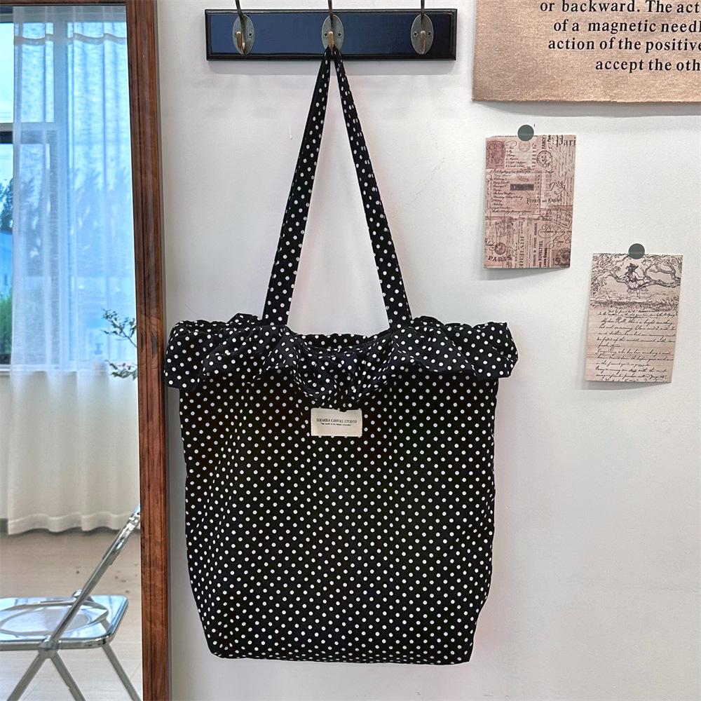 Retro Dot Women's Canvas Shoulder Bag Ruched Design Ladies Commute Shopping Bags Large Capacity Female Travel Tote Purse Handbag
