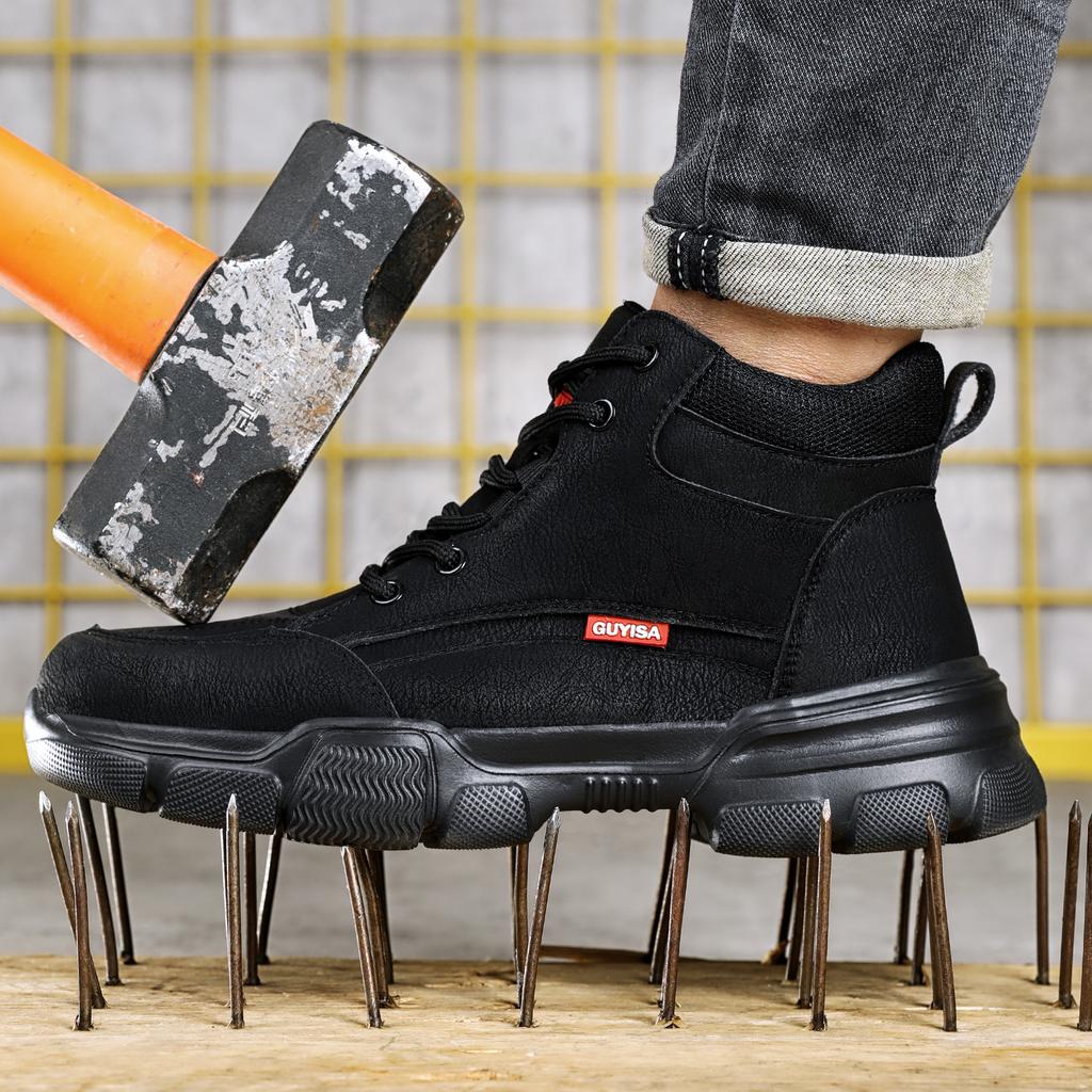Fashion Waterproof Work Boots Men Steel Toe Boots Black Leather Safety Shoes High Top Winter Working Shoes Security Protective Boot