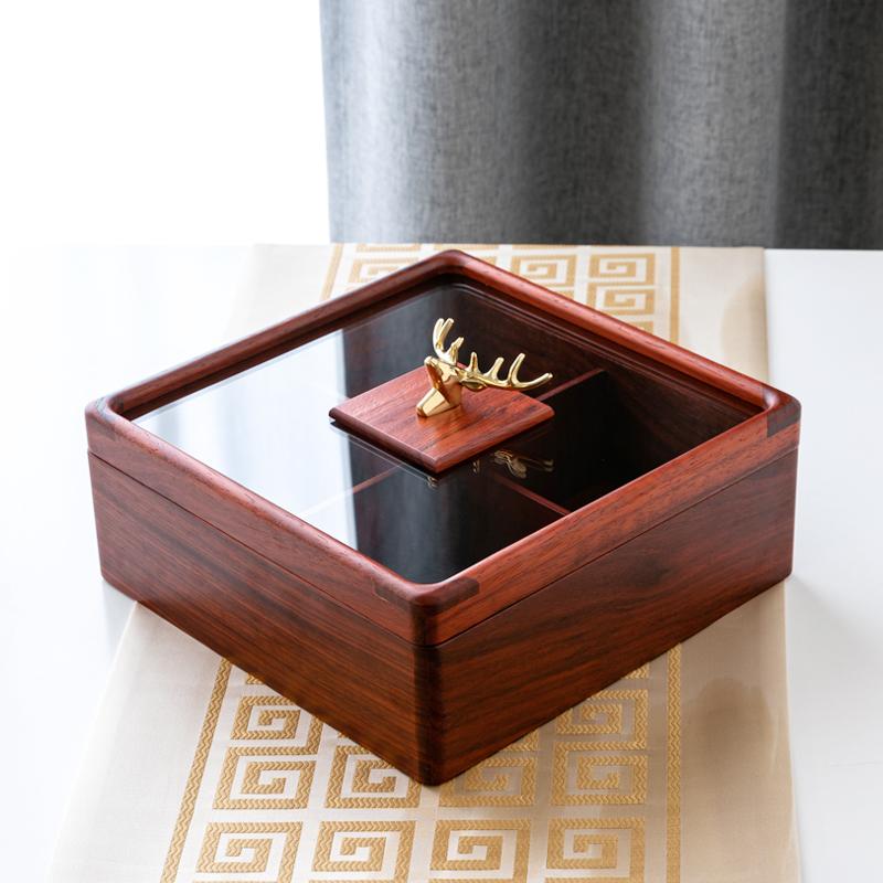 Platou creativ pătrat din lemn pentru gustări, cu capac transparent din sticlă, cap de cerb, cutie de depozitare separată pentru bomboane și fructe uscate, accesorii pentru casă