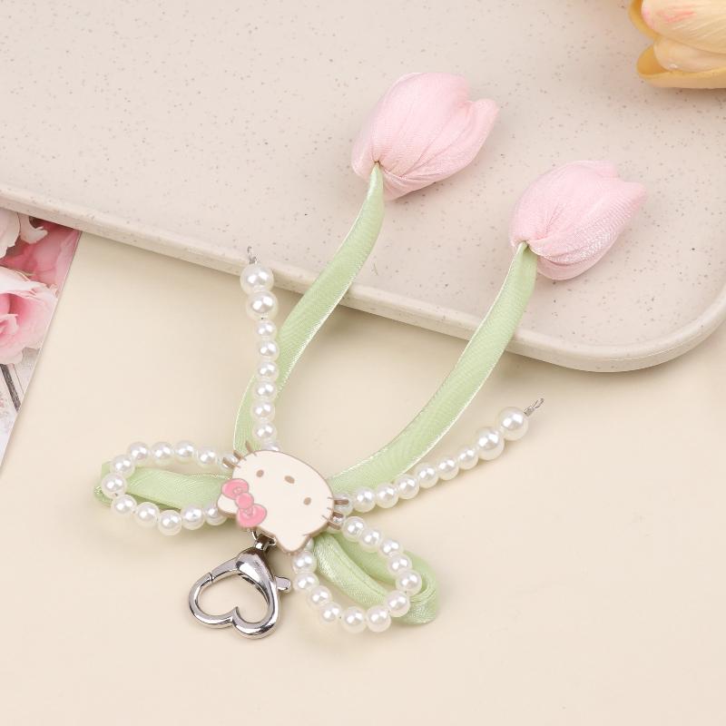 Ins Fresh Tulip Hello Kitty Keychain Y2K Trendy Sweet Imitation Pearl Bowknot Keyring Bag Pendant Backpack Hanging Decor Gift