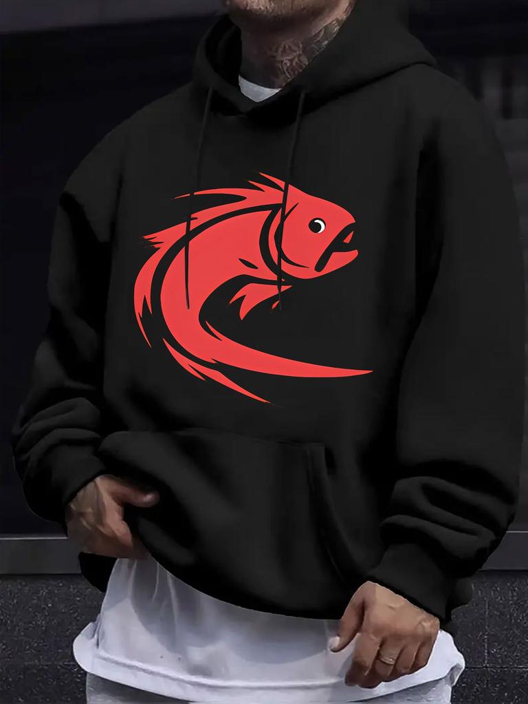 American Western Style unisex Autumn Winter Print Hooded Long Sleeve Sweatshirt, Red Big Fish Easy Print Hoodie, Minimalist Big Fish Pattern, Versatil