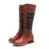 Retro Printed Patchwork Women's Long Boots Handmade Genuine Leather Lace Up Mid-calf Boots
