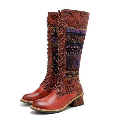 Retro bedruckte Patchwork Damen Lange Stiefel Handgefertigte Schnürstiefel aus echtem Leder mit mittlerer Wade