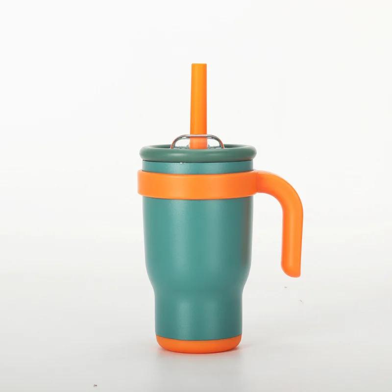 Color Blocking 14Oz Straw Car Cup, Children'S Student Insulated Cup, Stainless Steel Water Cup Handle, The Best Gift For Car Cup