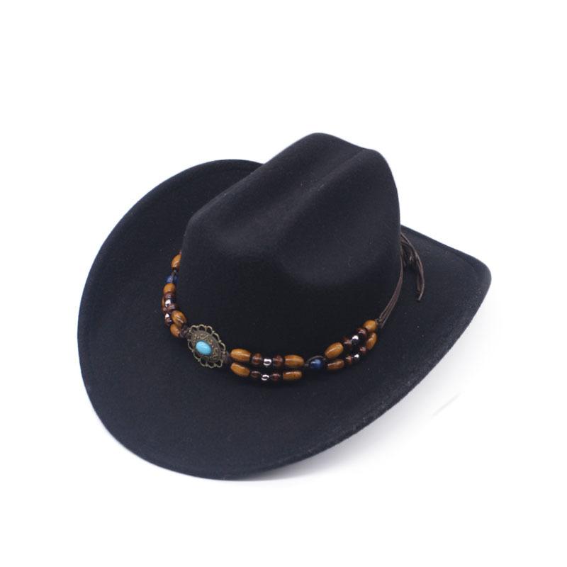 European, American Autumn and Winter Versatile Fashion Woolen Top Hat Men and Women Bead Accessories Top Hat Black Western Cowboy Hat