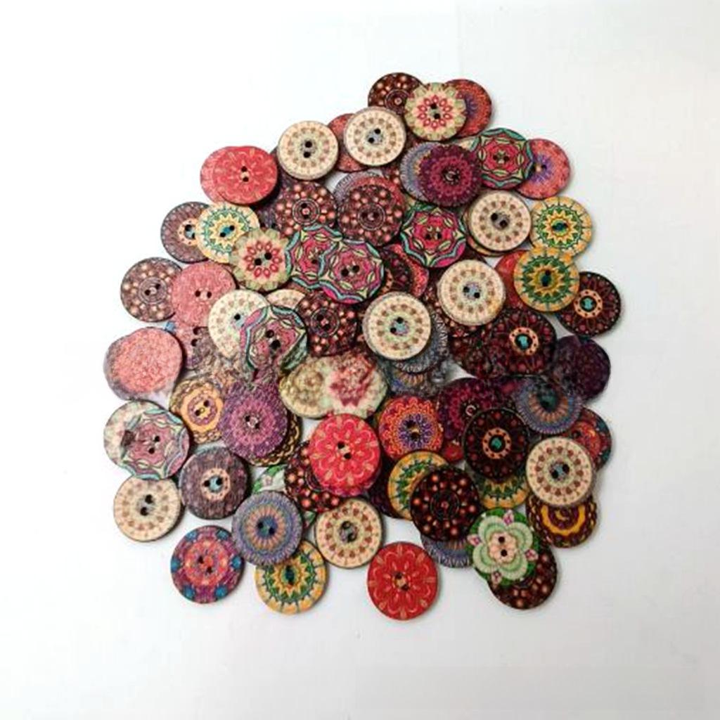 100-Pack Retro Wooden Round Buttons: 15/20/25mm Painted & Printed