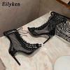 Fashion Eilyken Fashion Design Mesh High Heel Women Boots Sandals Sexy Peep Toe T-tied Stripper Pole Dancing Stiletto Shoes