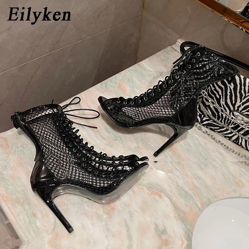 Fashion Eilyken Fashion Design Mesh High Heel Women Boots Sandals Sexy Peep Toe T-tied Stripper Pole Dancing Stiletto Shoes