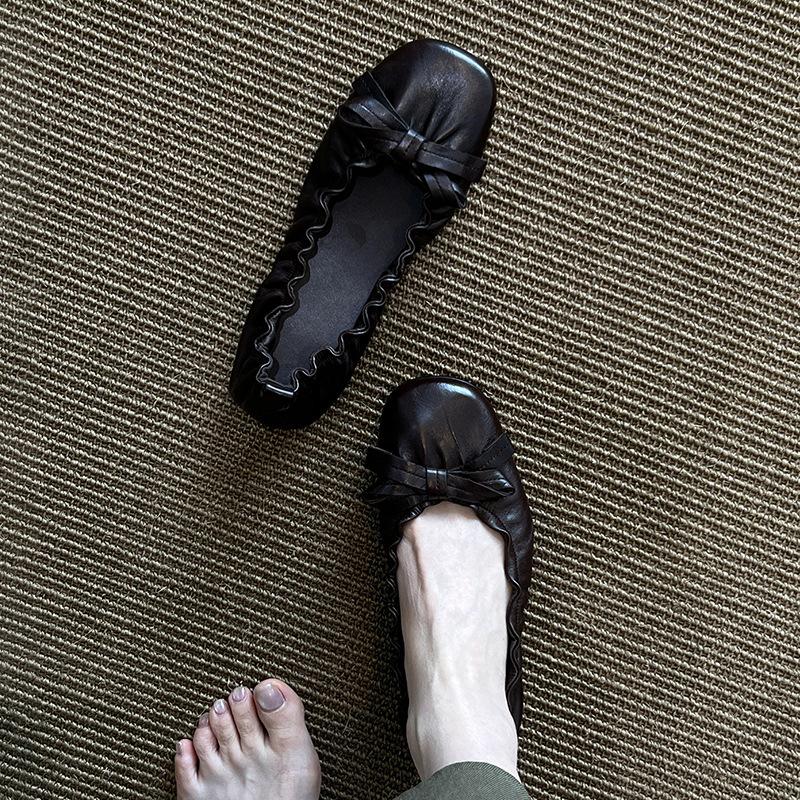 Sheepskin version~ 2025 new retro bow light mouth elastic mouth flat sole shoes women's round head ballet shoes