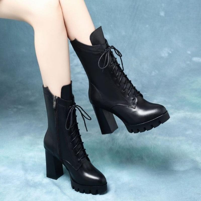 Autumn and Winter New High-heeled Medium Boots Martin Boots Women's Leather Boots Thick Heel Velvet Warm Women's Cotton Shoes Short Boots Women'
