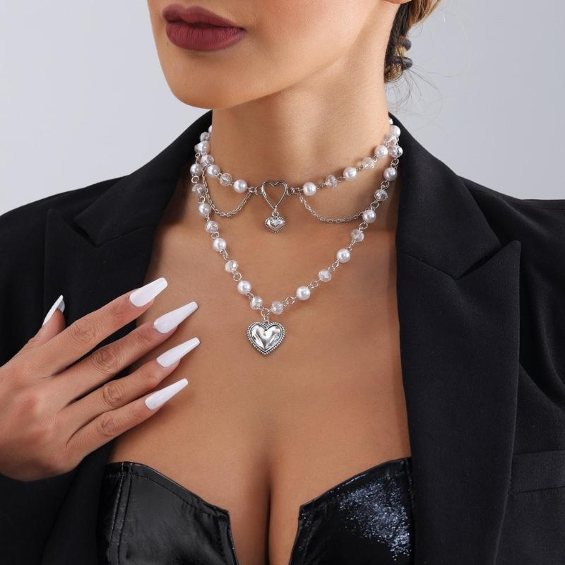 Elegant Imitation Pearls Necklace Love Heart Pendant Clavicle Chain Multilayer Collarbone Chains Jewelry for Women Girls