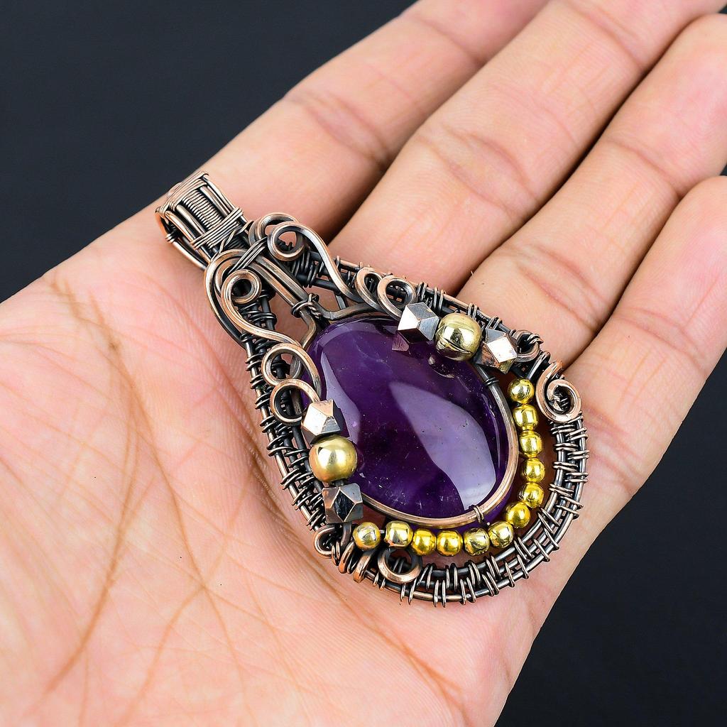 Ametystový přívěsek Drahokam Šperky, Přívěsek omotaný měděným drátem 999, Dárek pro ženy Ručně vyrobený přívěsek