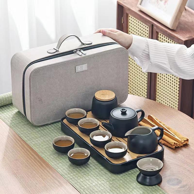 Black pottery Kung Fu tea set Household Japanese simple teapot Teacup complete set Dry brewing pot Hotel tea tray side handle pot