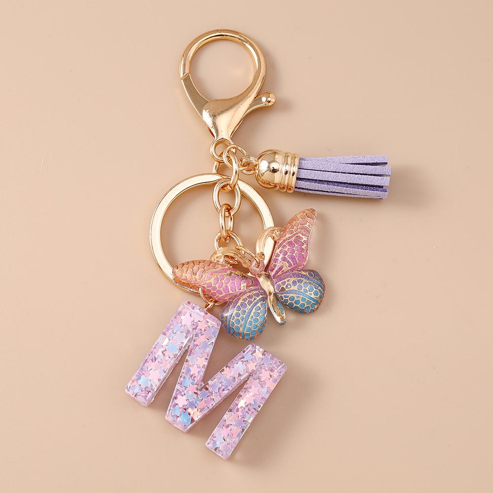 Fashion Purple Tassel Alphabet Keychain 26 Initials Letter Key Ring for Women Girls Handbag Pendants DIY Handmade Jewelry Gifts