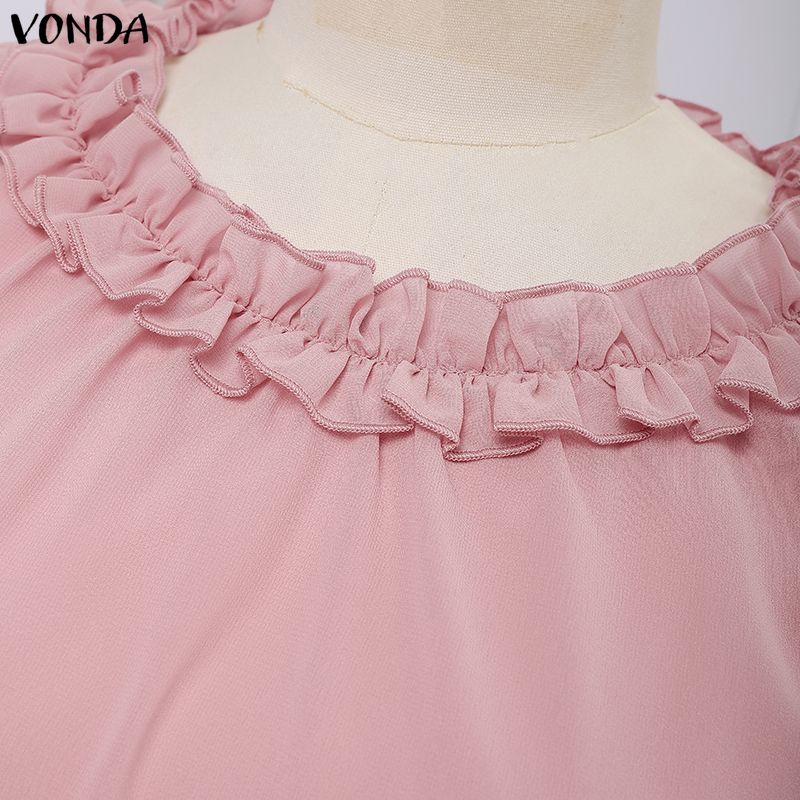 VONDA Women's Tops Casual Ruffle Neck Long Sleeve Pleated Layers Blouse