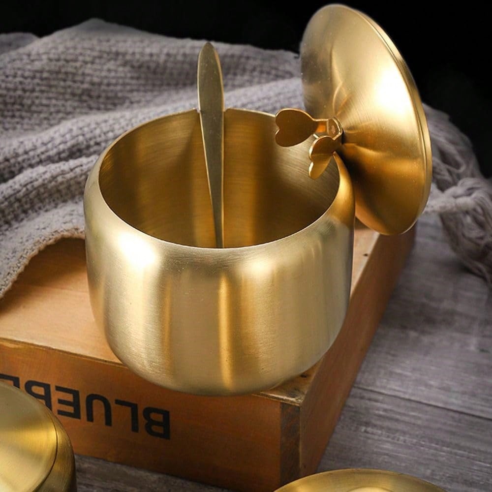 Stainless Steel Seasoning Jar Set with Spoon - Gold Kitchen Condiment Containers for Salt, Pepper, Sugar & Spices - Bbq & Restaurant Essentials