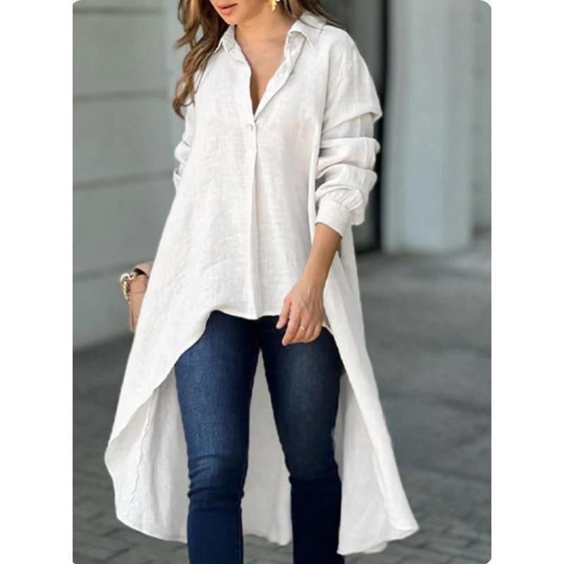Camisa Casual de Color Sólido para Mujer, Manga Larga, Holgada, Cuello Solapa