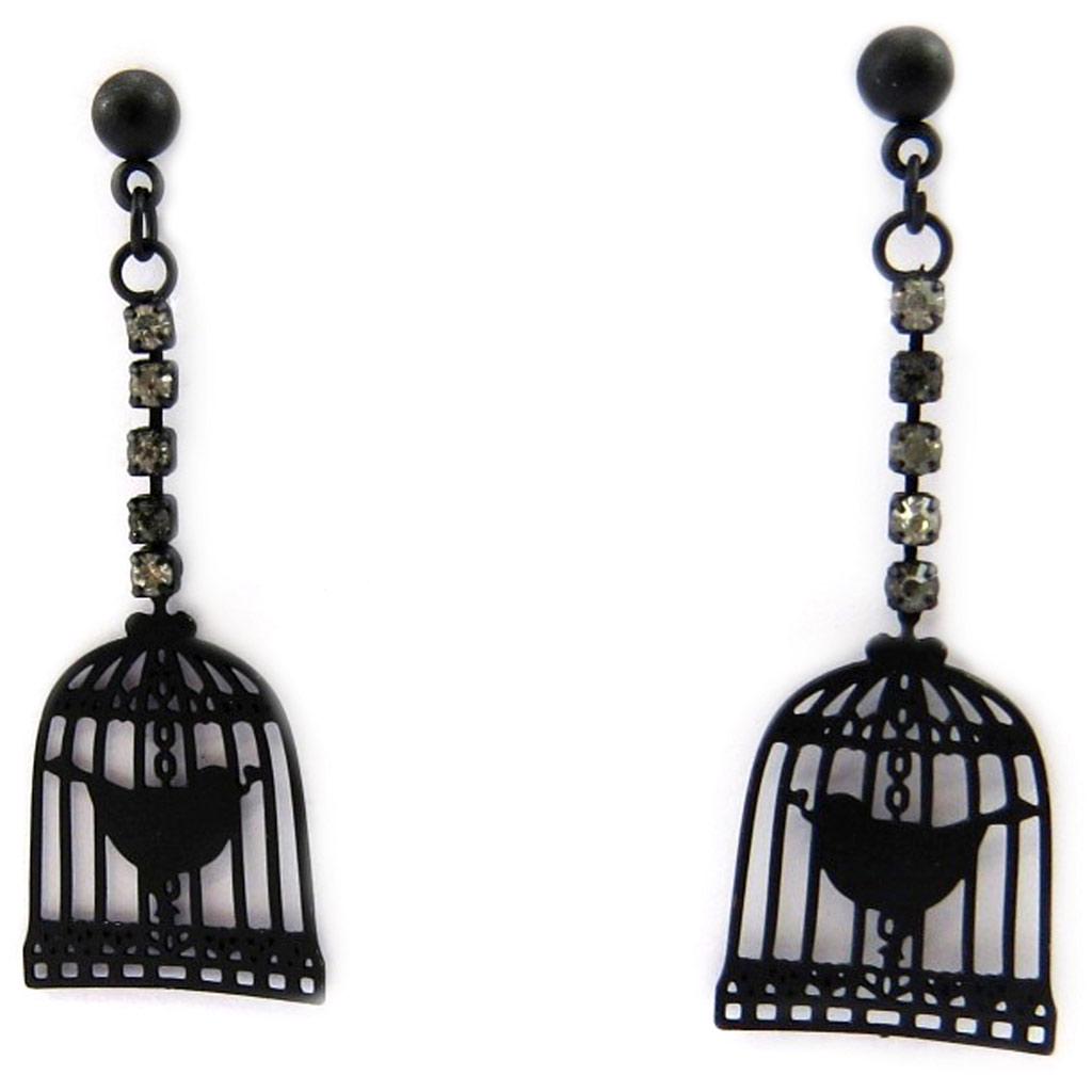 Les Trésors De Lily [L5629] - Black 'Carmen' Earrings (caged Bird)