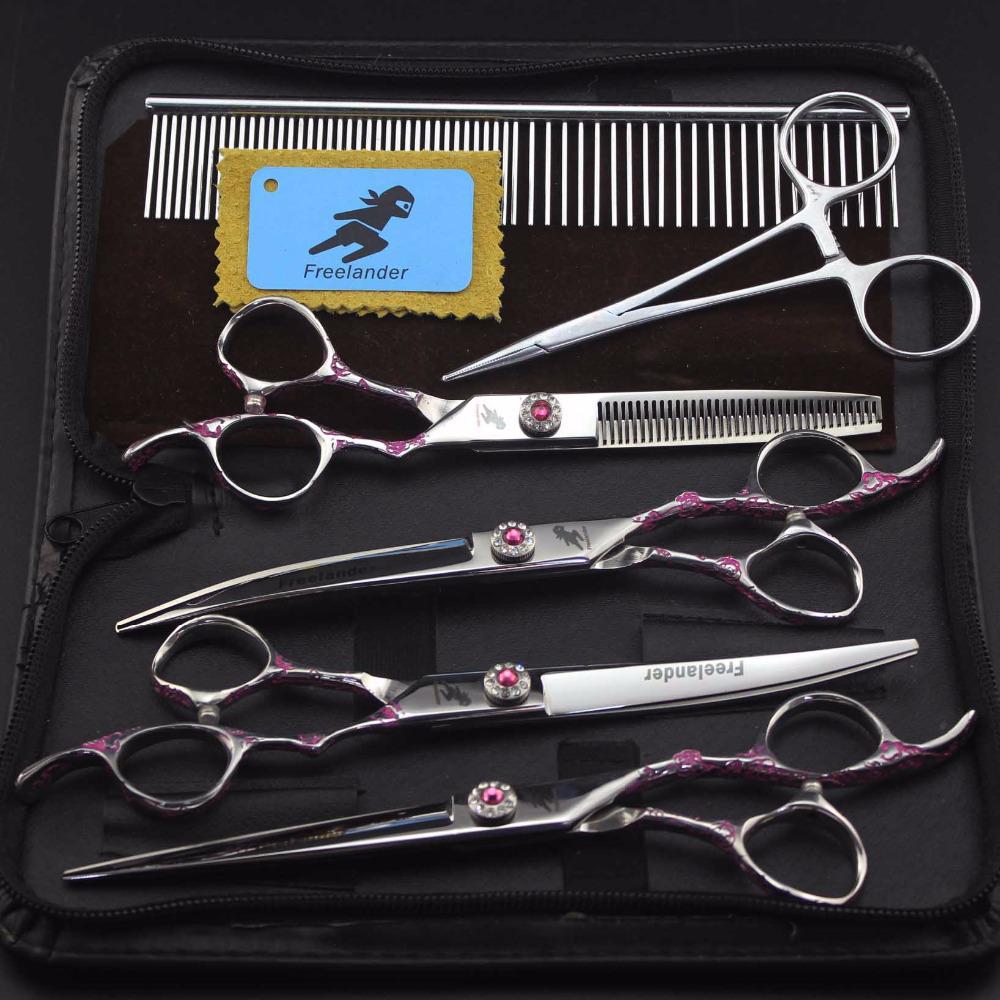 7" Pink Plum Blossom Pet Grooming Scissors Set: 4-Piece Includes Straight, Bent, Thinning Scissors & Comb