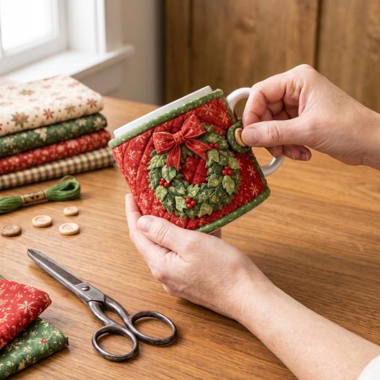 Holiday Quilted Mug Cover Craft Christmas Cozy Sewing Kit, DIY Fabric Kit with Festive Themed Kits Patterns, Sleeve Making for Beginners, Handmade