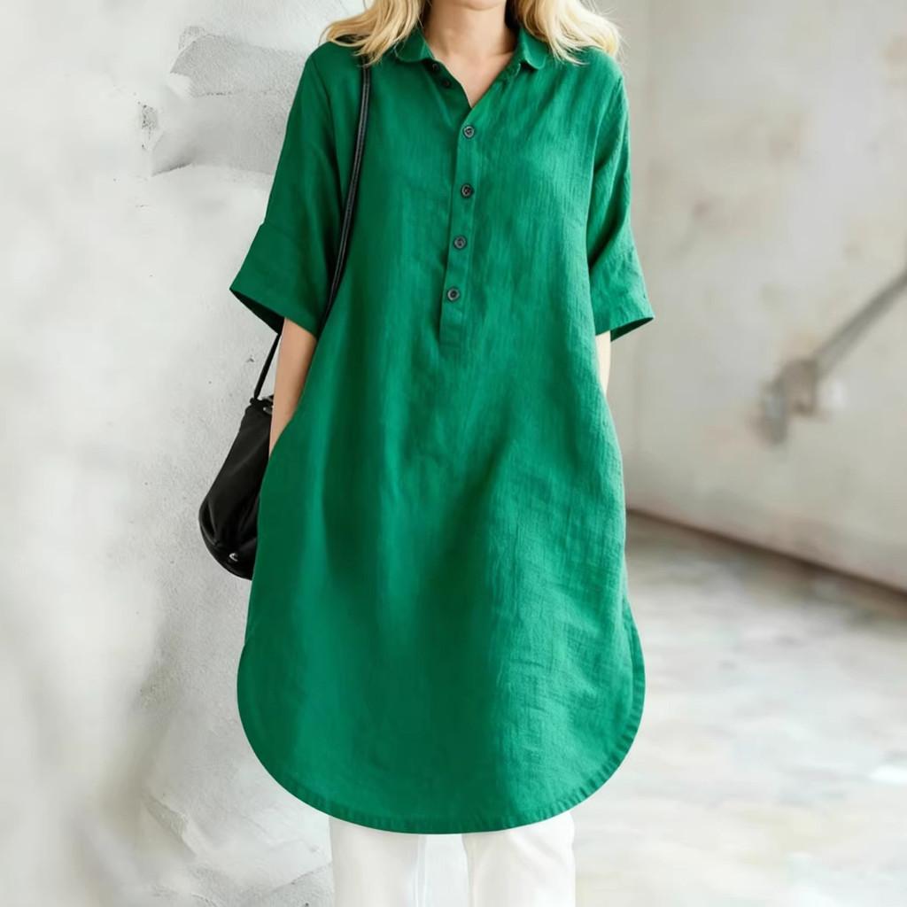 Vestido Casual de Algodón y Lino con Cuello Polo para Verano 2026 Estilo Holgado para Mujer