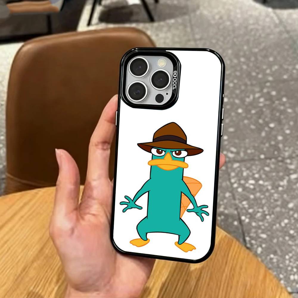 cute Cartoon P-Perry The P-Platypus   Phone Case For iPhone17,16,15,14,13,12,11 Plus,Pro Max Colored Silver Plated Inside Cover