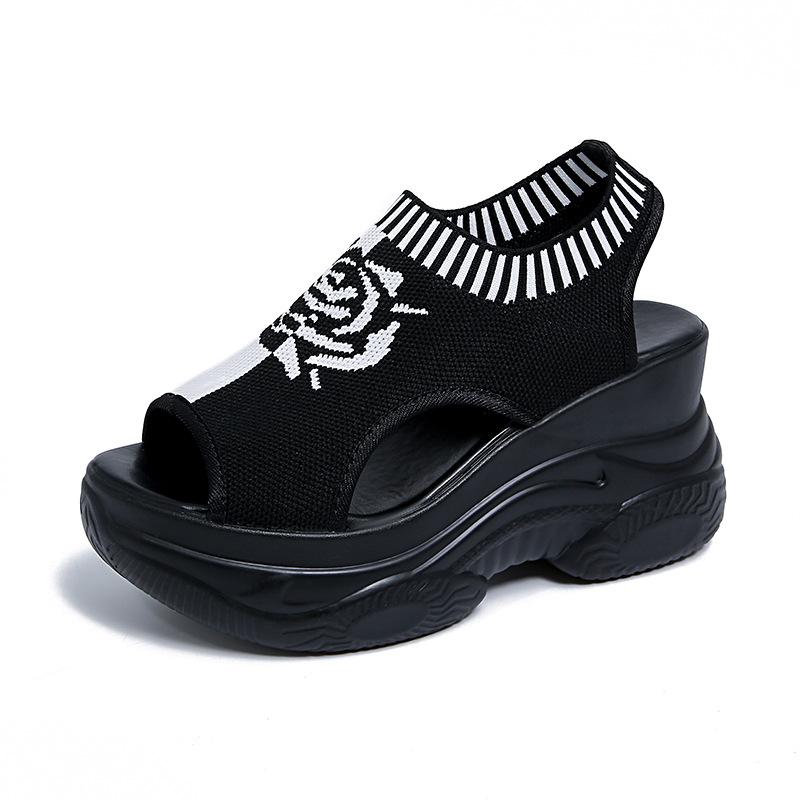 Plattform-Keilsandalen für Damen in Übergröße, atmungsaktives Geflecht, Fischmaul, elastisches Fußbett, leichte und bequeme Sandalen