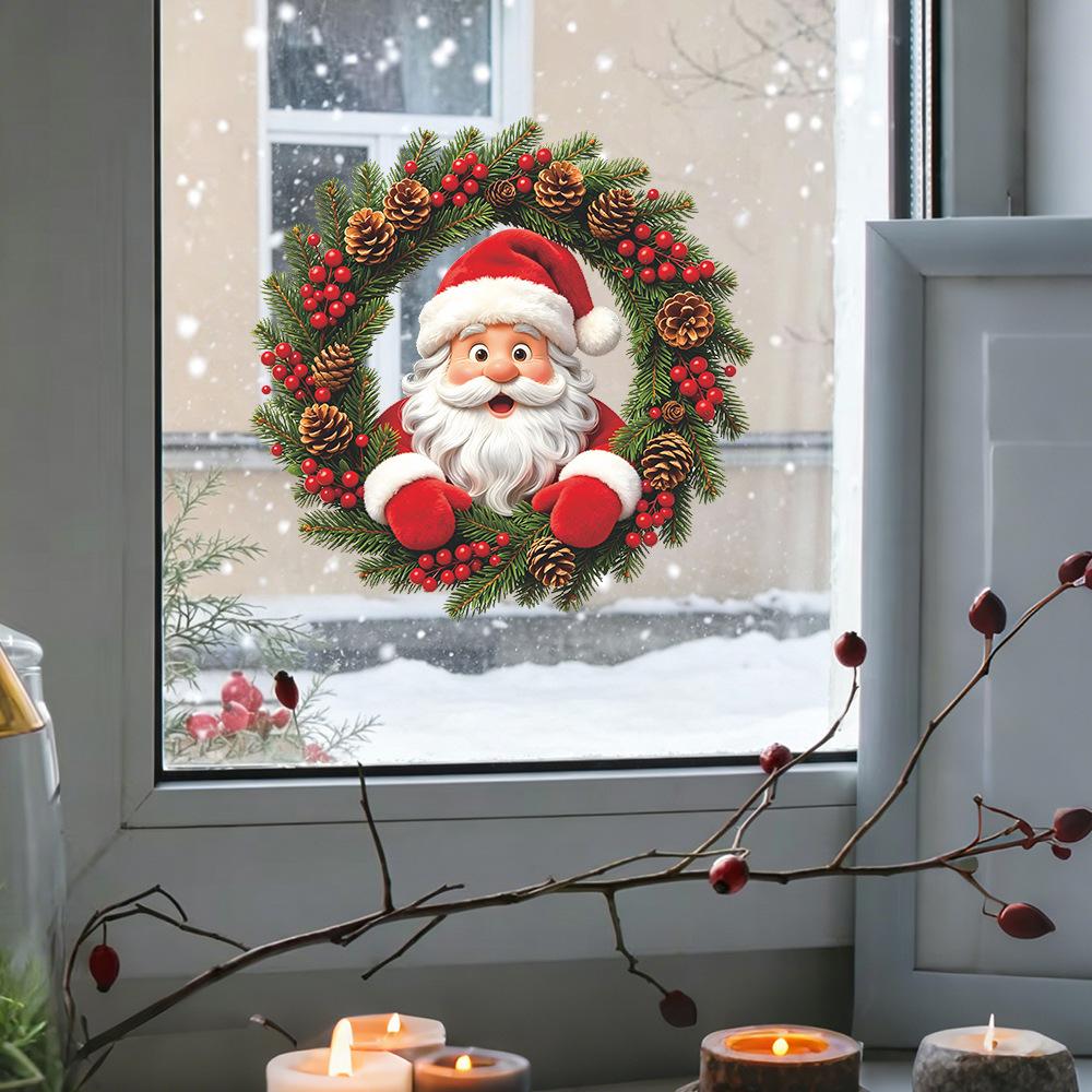 Cartoon Santa Ornament Wreath for Balcony Glass Window Home Decoration and Beautification Window Stickers