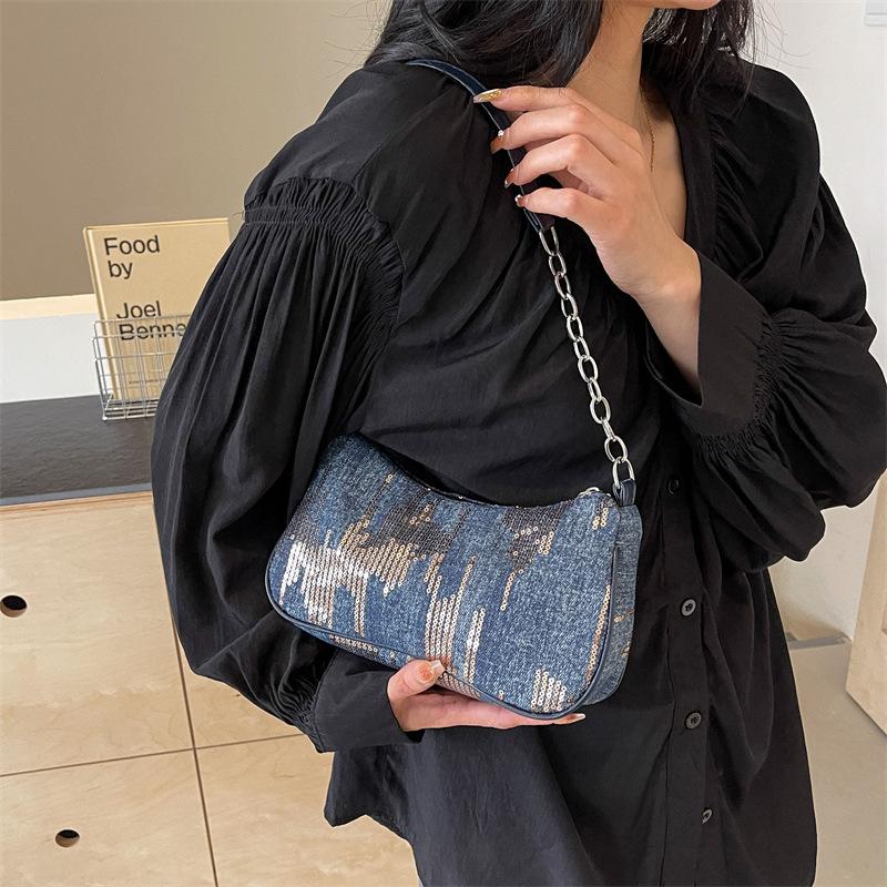 Bag Women's 2025 New Niche Design Sense Underarm Bag Women's Premium Sense Versatile Tie-dye Denim Bead Shoulder Bag