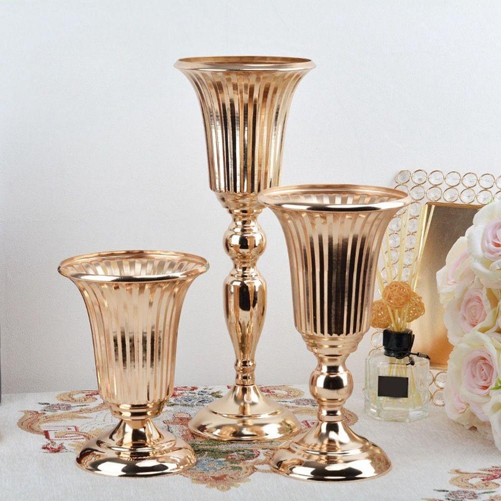 European Style Wedding Flower Vase Golden Dried Flower Pot Metal Trumpet Vases  Living Room