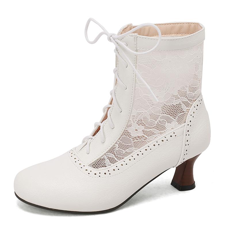 Retro Cosplay Summer Boots Women Patchwork Mesh Shoes Spring Victoria Leather Chunky Kitten Heels